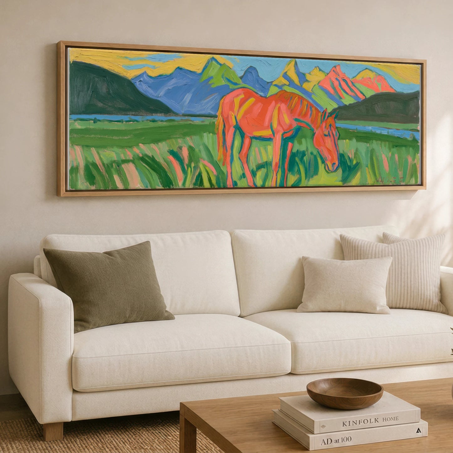 Vibrant Mountain Pasture Horse Landscape panoramic canvas wall art displayed above a sofa