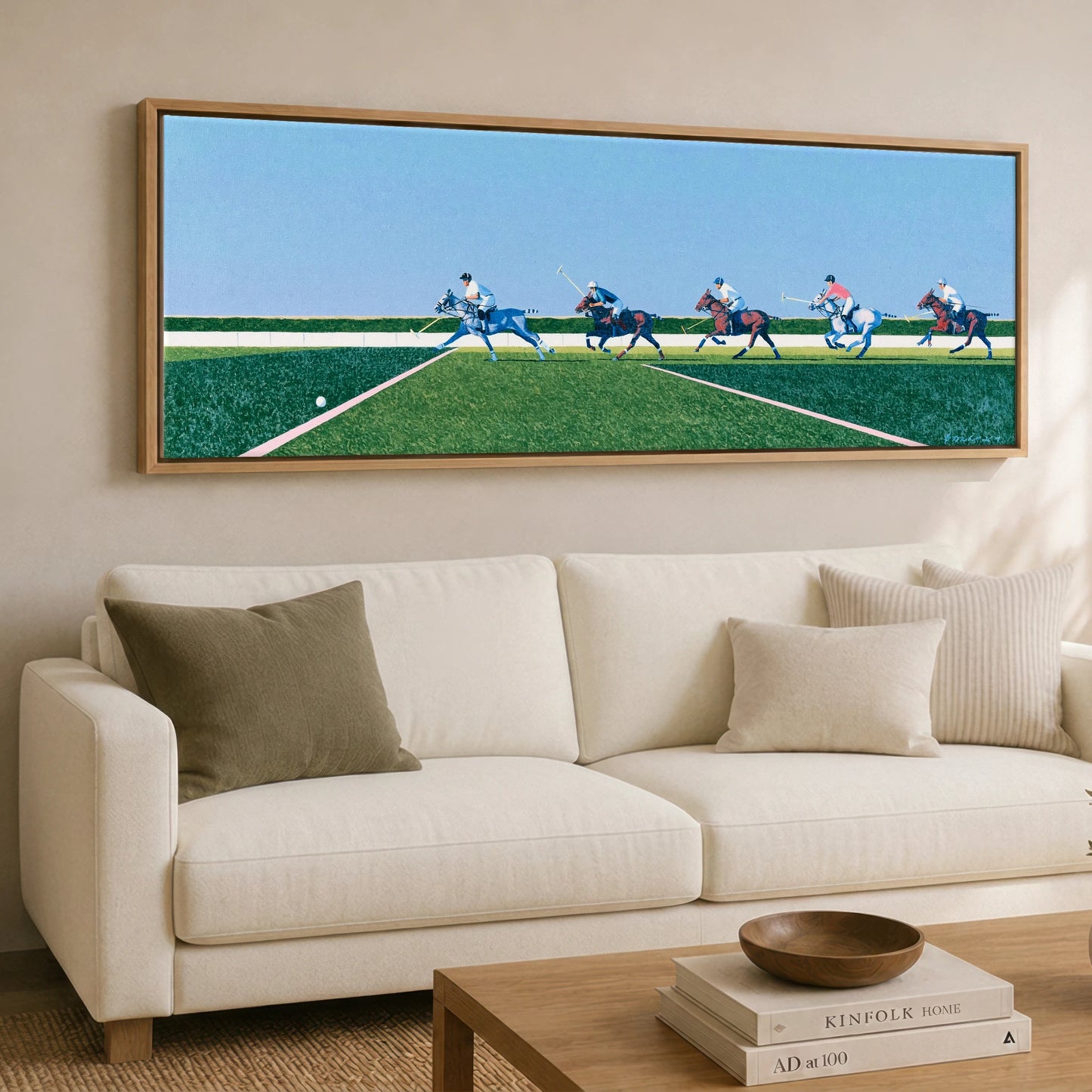 Rhythm of the Chukka Polo Horse panoramic canvas wall art displayed above a sofa