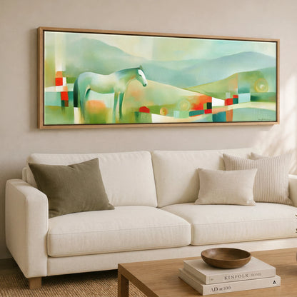 The Mint Horizon Horse Landscape panoramic canvas wall art displayed above a sofa