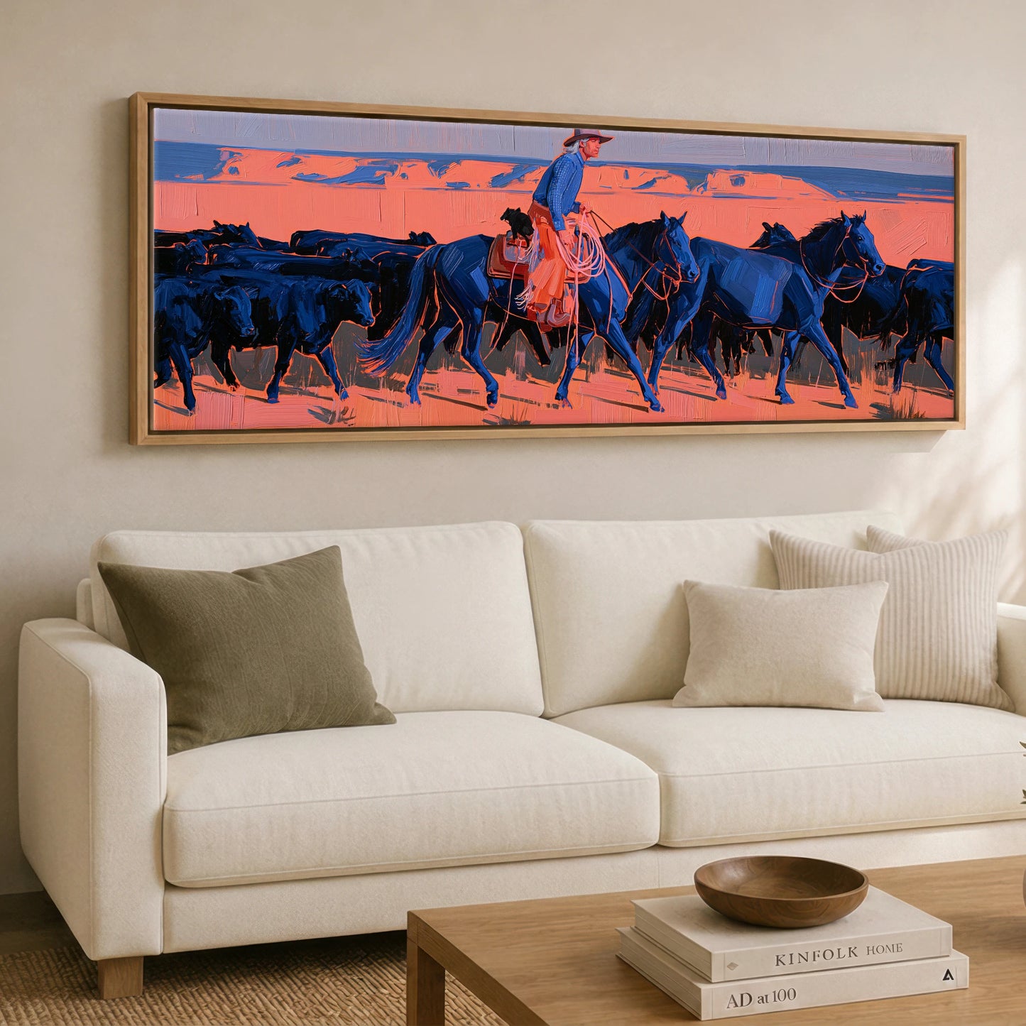Desert Drover Western Horse panoramic canvas wall art displayed above a sofa