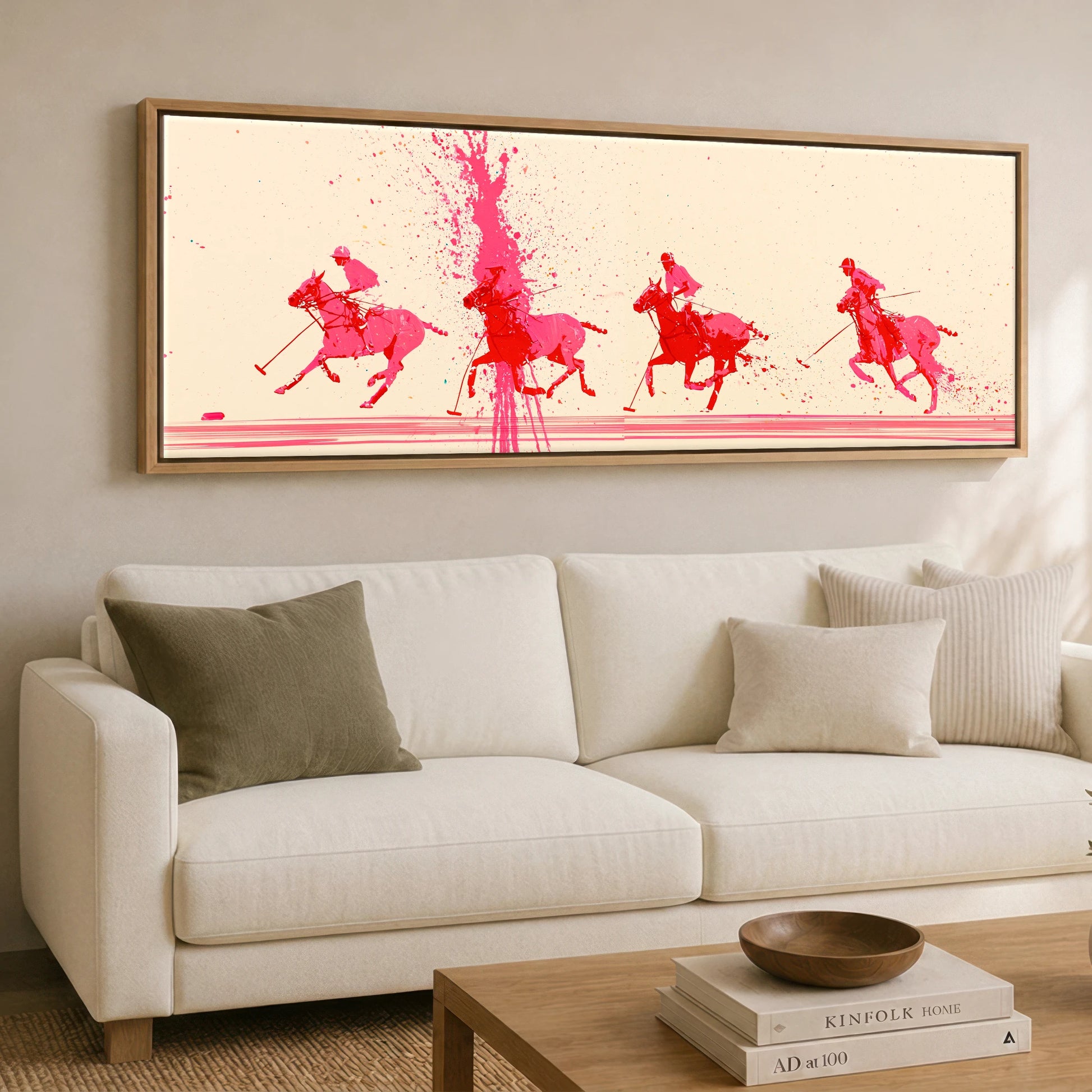 Magenta Polo Rush Polo Horse panoramic canvas wall art displayed above a sofa