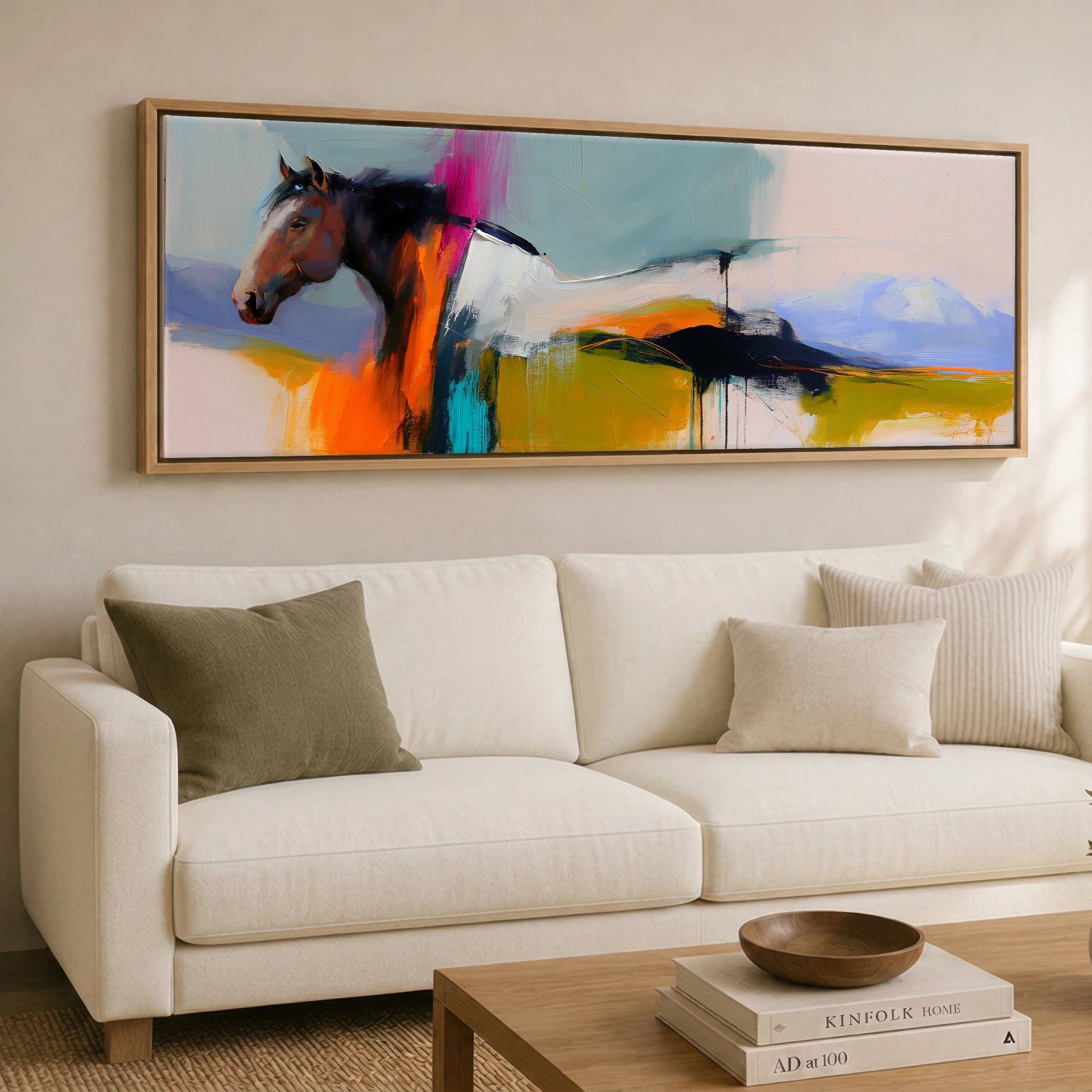 Vivid Equine Horizon Horse Landscape panoramic canvas wall art displayed above a sofa