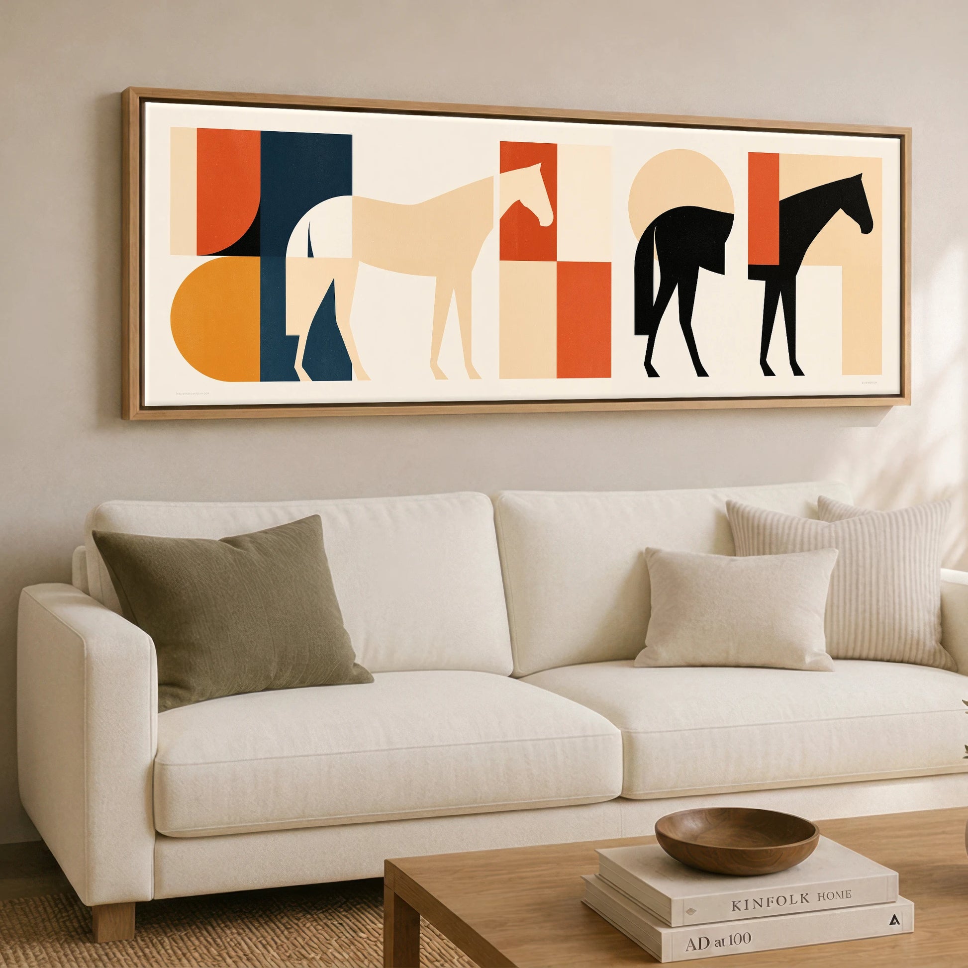 Abstract Equine Geometry Horse Landscape panoramic canvas wall art displayed above a sofa