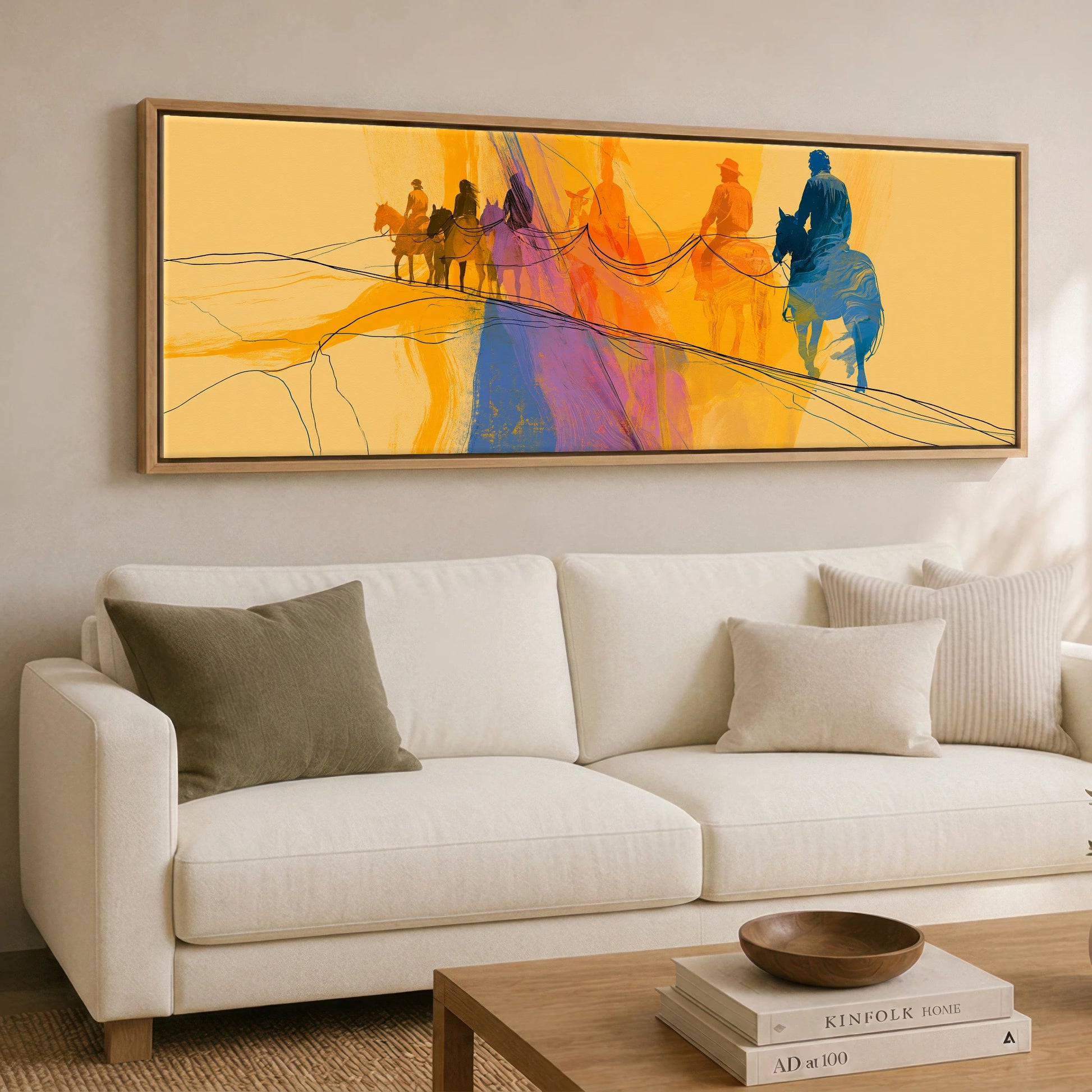Vivid Horizon Horse & Rider panoramic canvas wall art displayed above a sofa