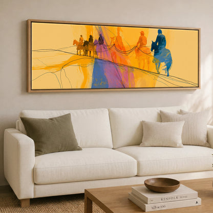 Vivid Horizon Horse & Rider panoramic canvas wall art displayed above a sofa