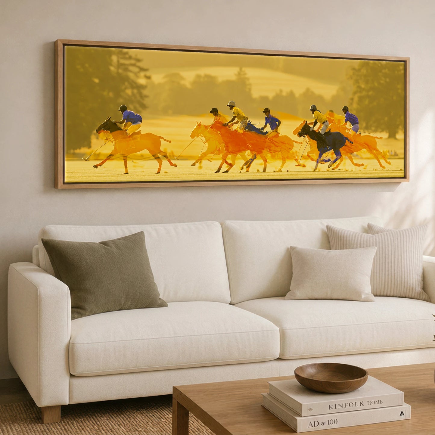 The Amber Chukka Polo Horse panoramic canvas wall art displayed above a sofa
