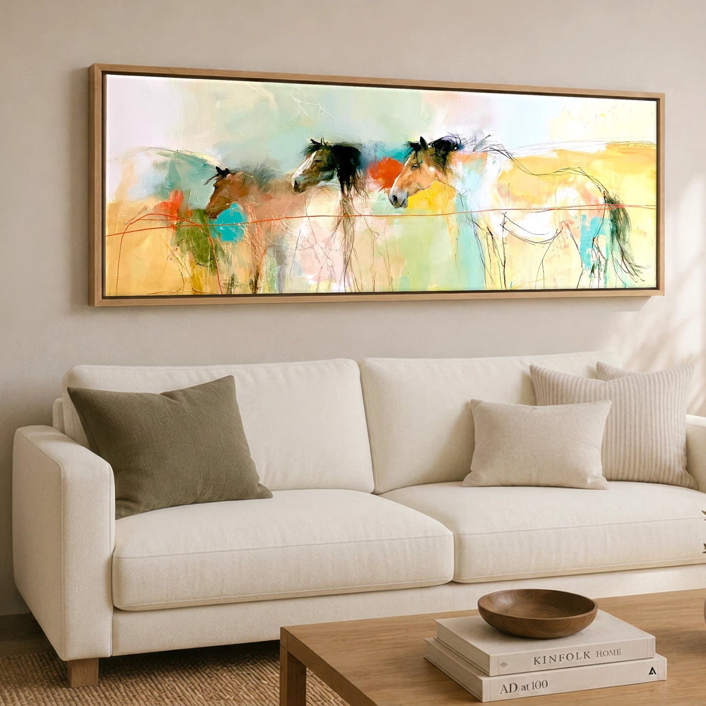 Expressive Equine Horizon Horse Landscape panoramic canvas wall art displayed above a sofa