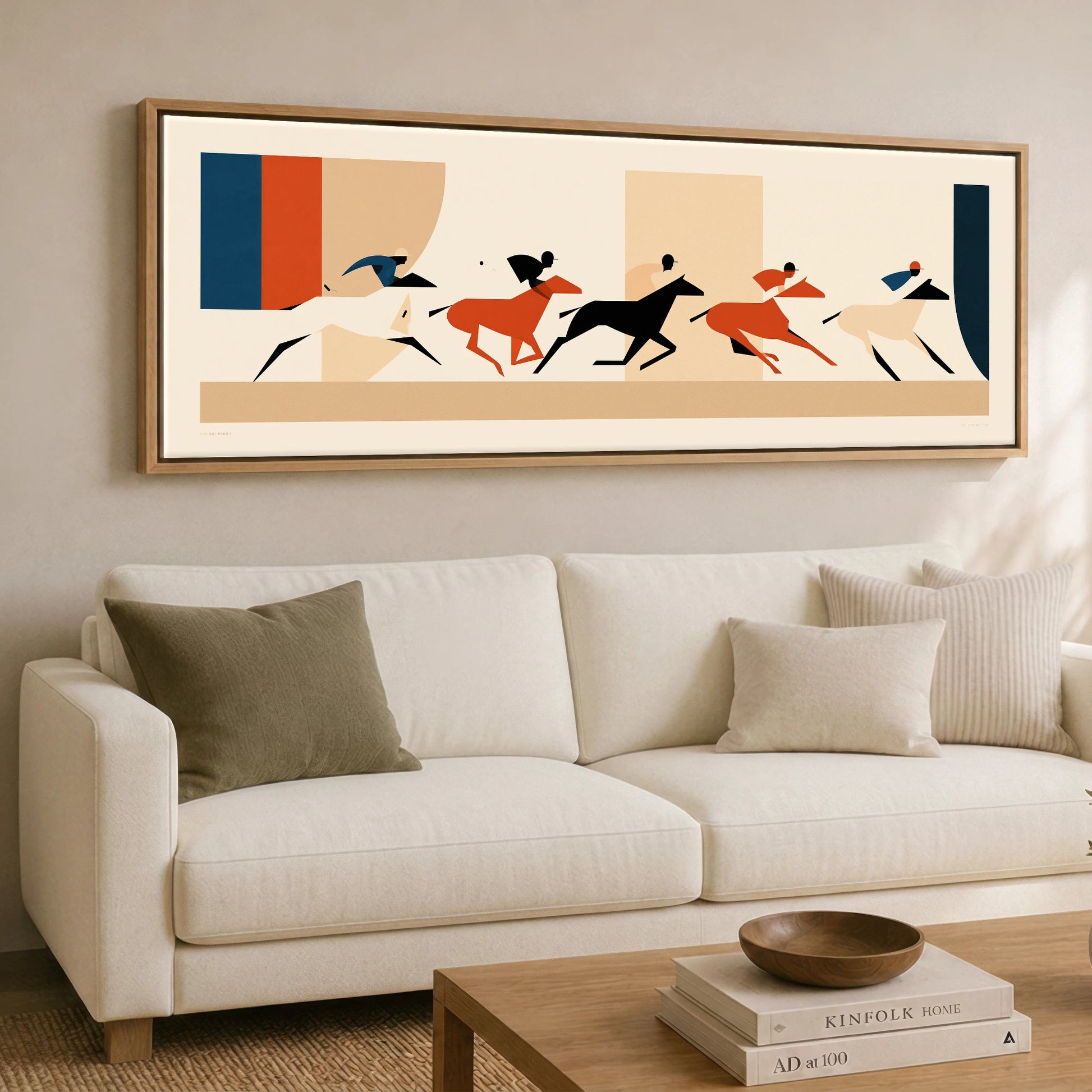 Retro Polo Pursuit Polo Horse panoramic canvas wall art displayed above a sofa