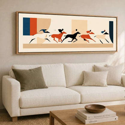 Retro Polo Pursuit Polo Horse panoramic canvas wall art displayed above a sofa
