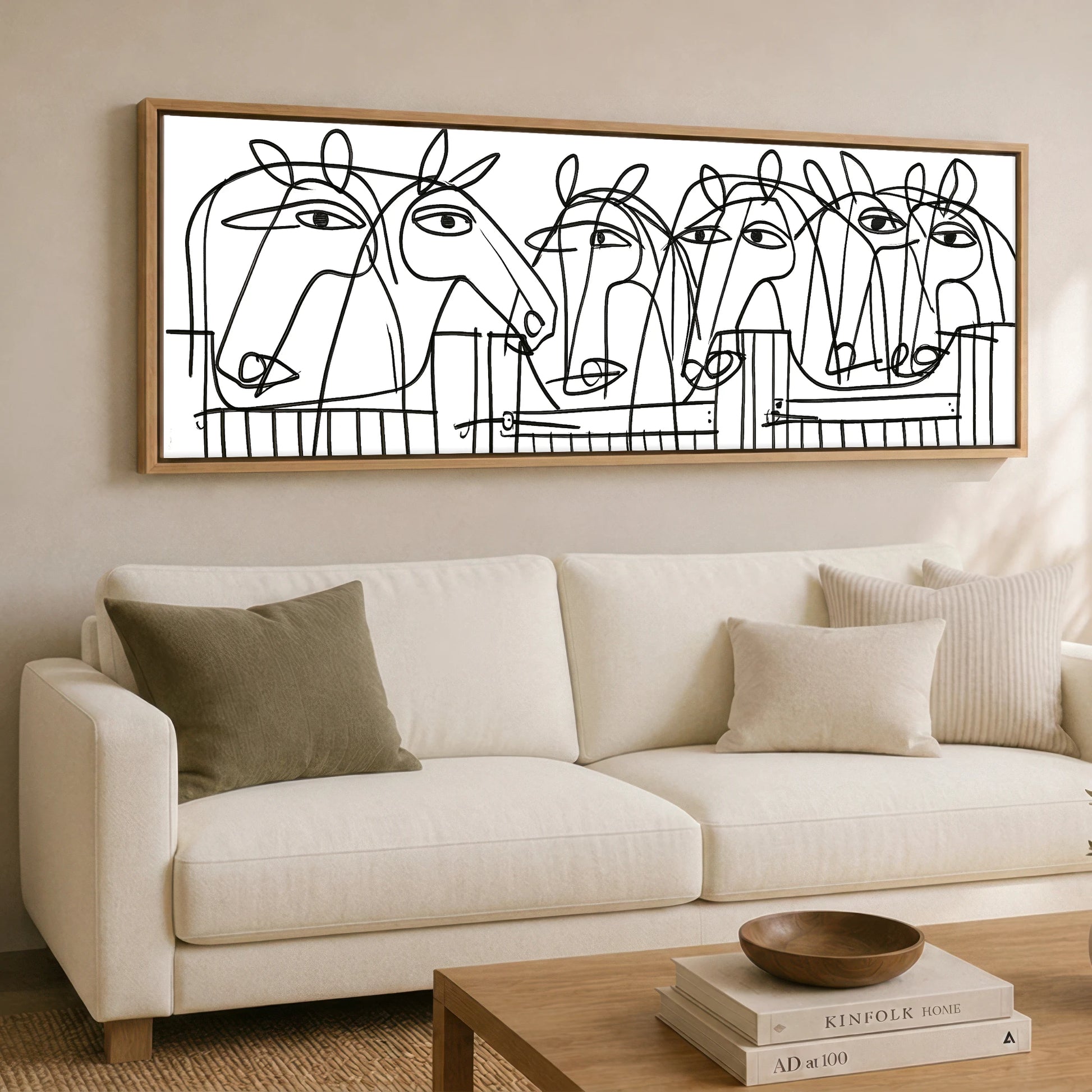 Linear Yard Horse Stable panoramic canvas wall art displayed above a sofa