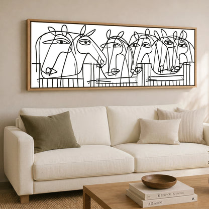 Linear Yard Horse Stable panoramic canvas wall art displayed above a sofa