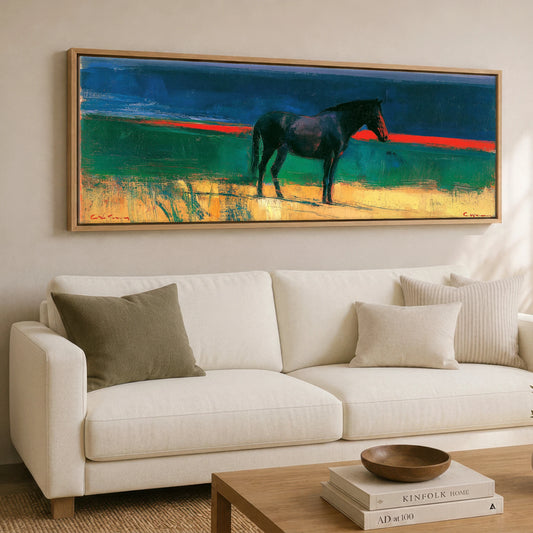 The Crimson Horizon Horse Landscape panoramic canvas wall art displayed above a sofa