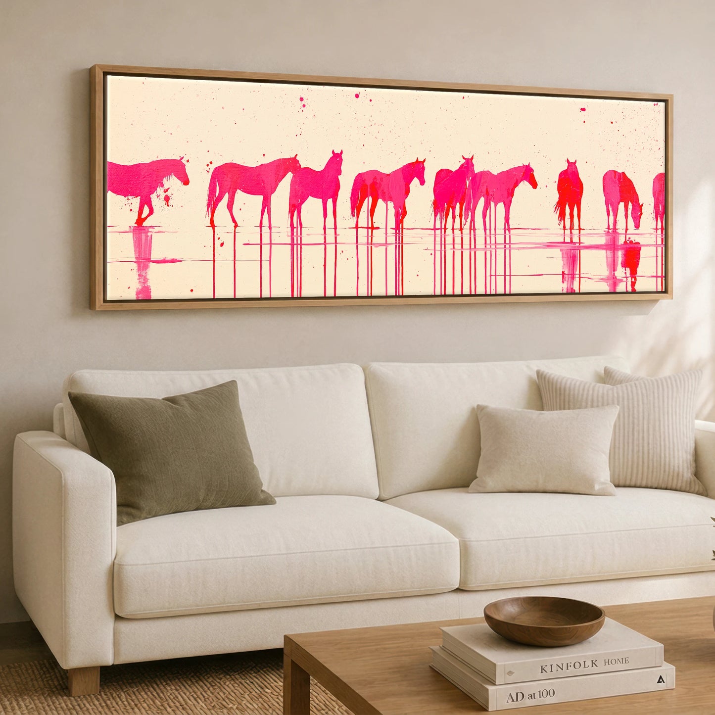 Magenta Equine Wash Beach Horse panoramic canvas wall art displayed above a sofa