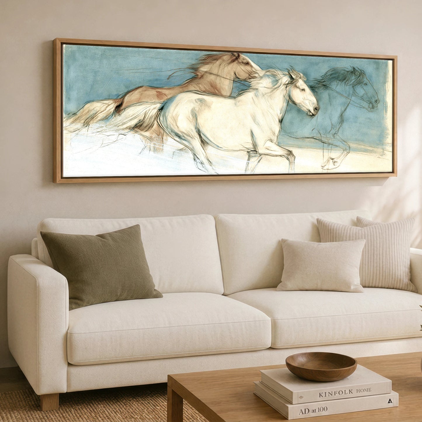 Teal Wash Gallop Study Horse Landscape panoramic canvas wall art displayed above a sofa