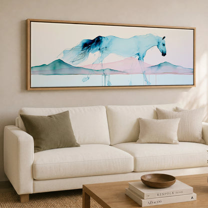 Ethereal Blue Stride Horse Landscape panoramic canvas wall art displayed above a sofa
