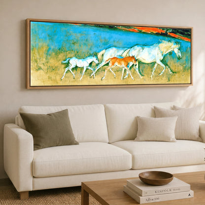 Vibrant Azure Strides Mare & Foal panoramic canvas wall art displayed above a sofa