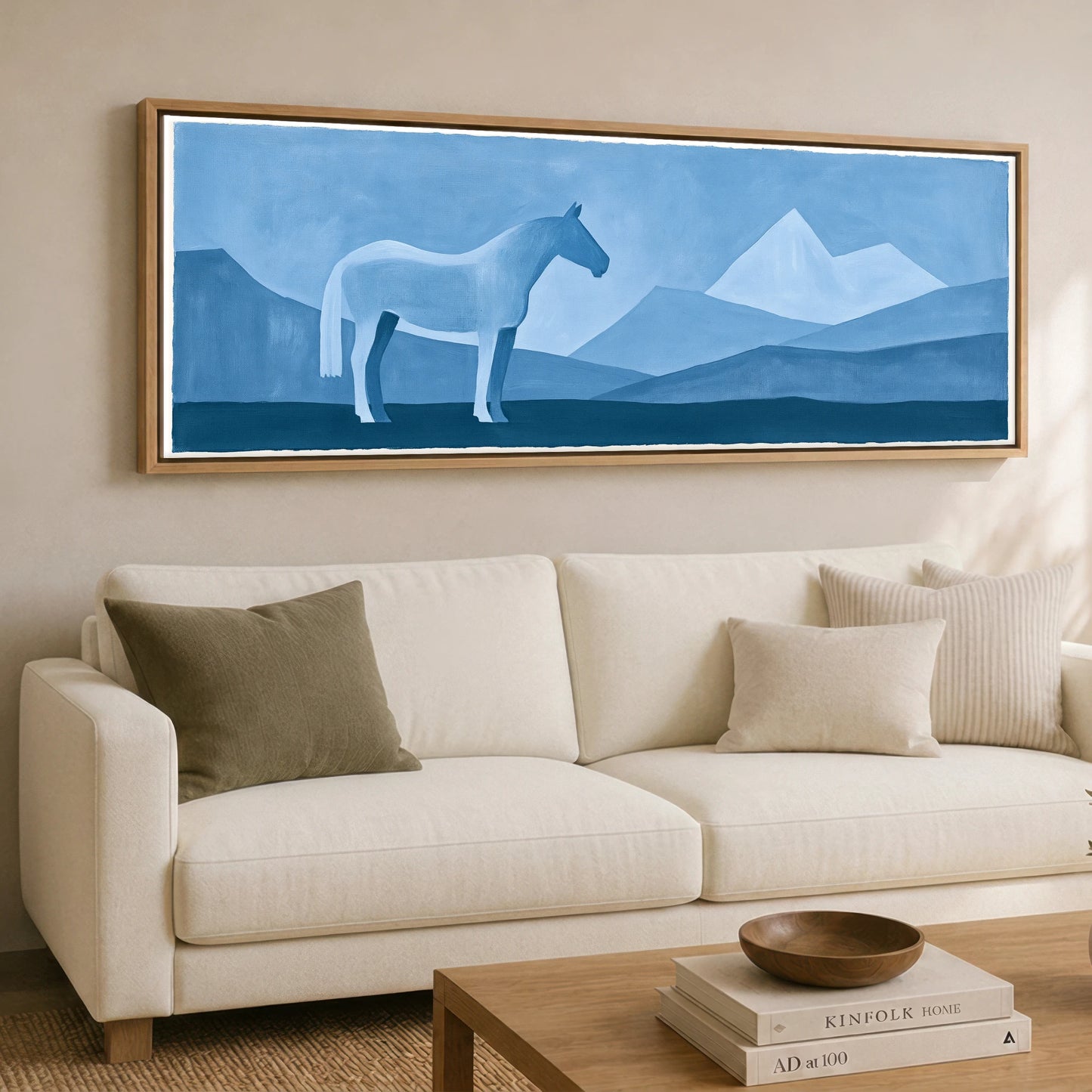Azure Mountain Stillness Horse Landscape panoramic canvas wall art displayed above a sofa