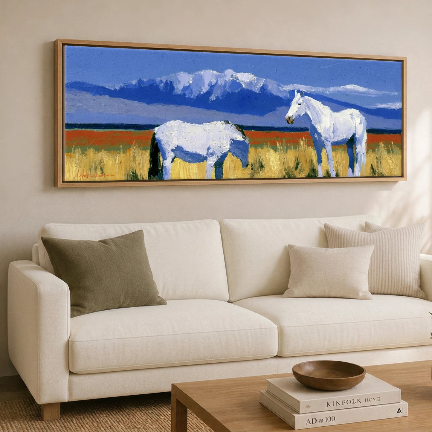 Vibrant Alpine Pasture Horse Landscape panoramic canvas wall art displayed above a sofa