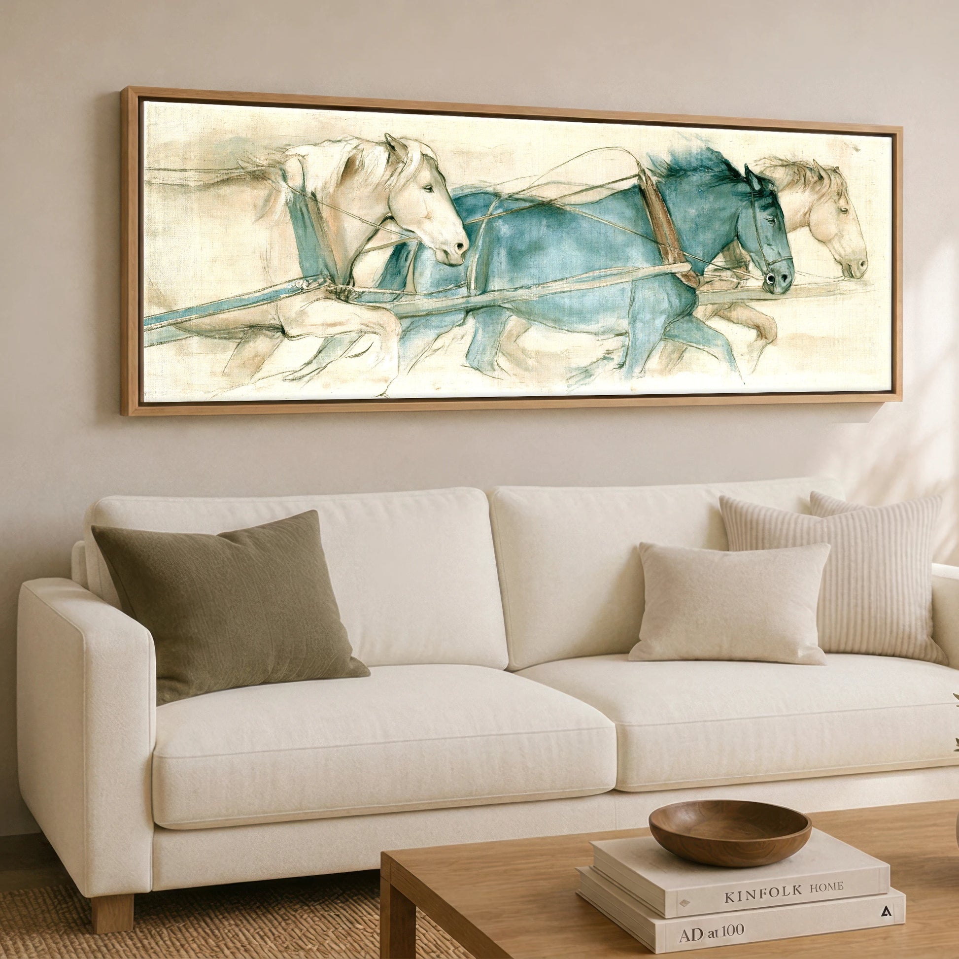 Harnessed Momentum Working Horse panoramic canvas wall art displayed above a sofa