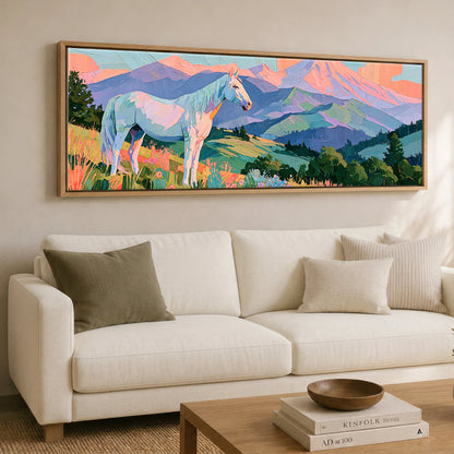 Vibrant Alpine Dawn Horse Landscape panoramic canvas wall art displayed above a sofa