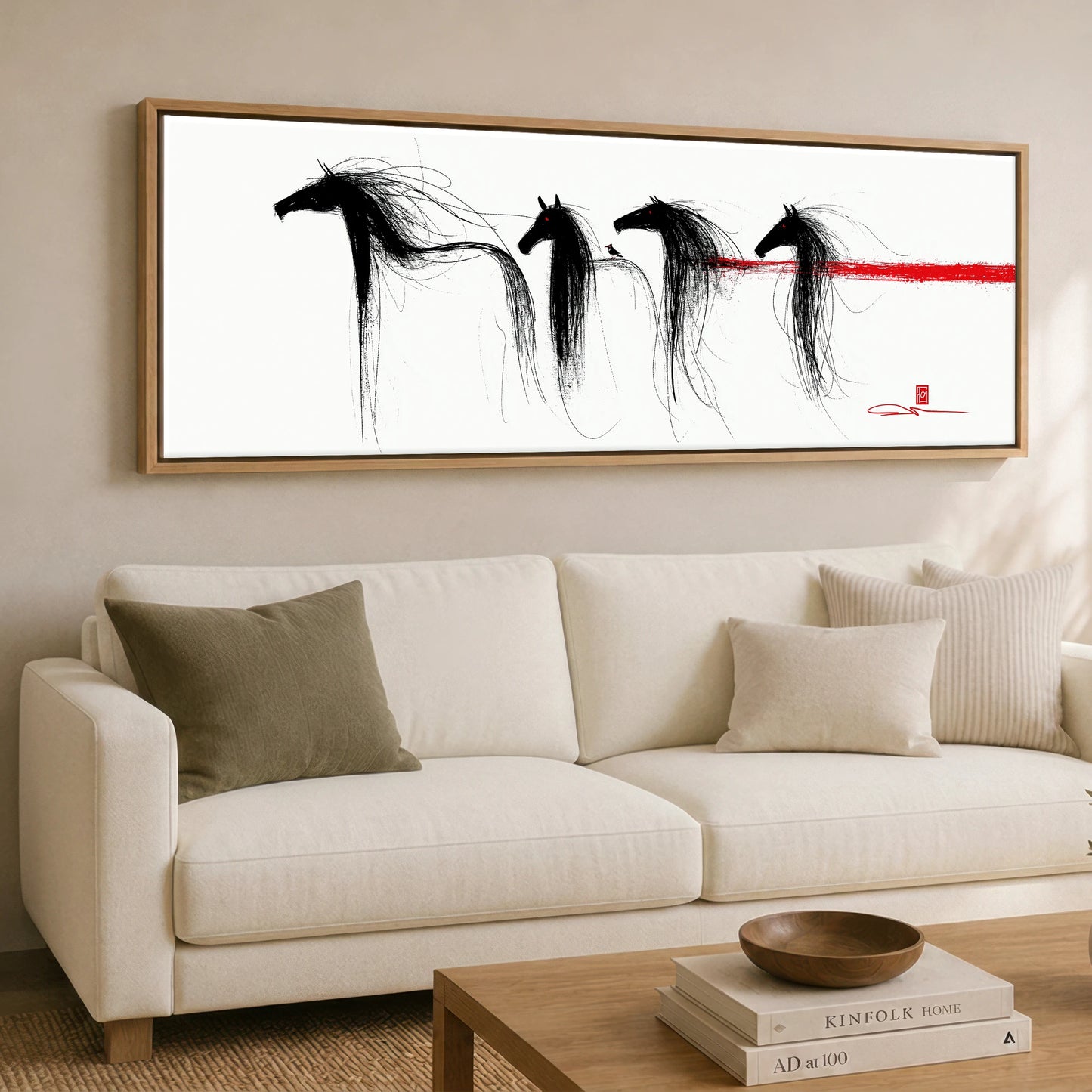Crimson Streak Equines Wild Horses panoramic canvas wall art displayed above a sofa