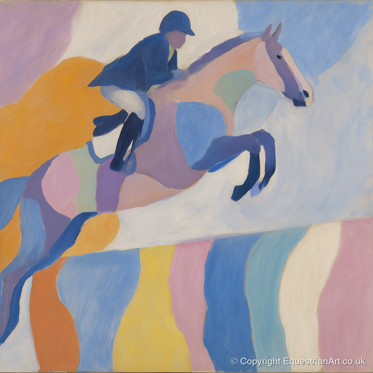 Pastel Abstract Leap - show jumping horse art print and canvas by Iris Pelham A.I