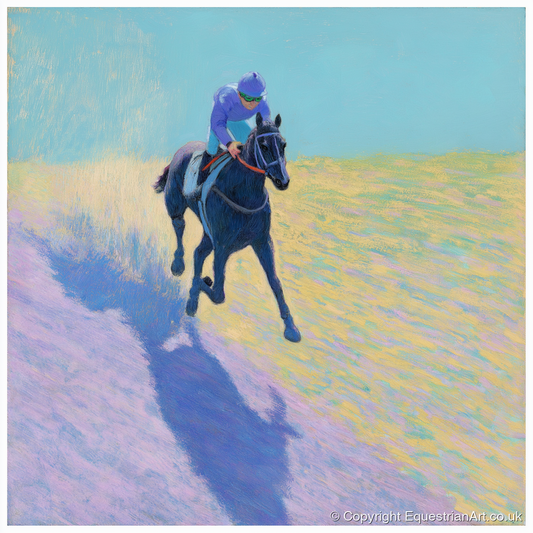 Pastel Morning Canter - racing horse art print and canvas by Imogen Spencer A.I
