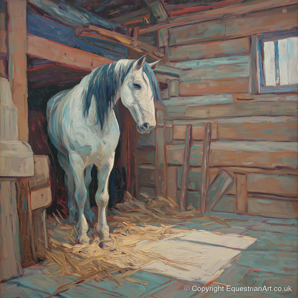 Peaceful Stable Morning - horse stable art print and canvas by Edgar Whitmore A.I