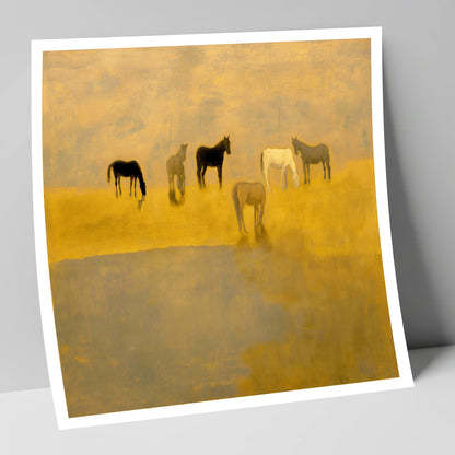 Golden Haze Grazing wild horses art print