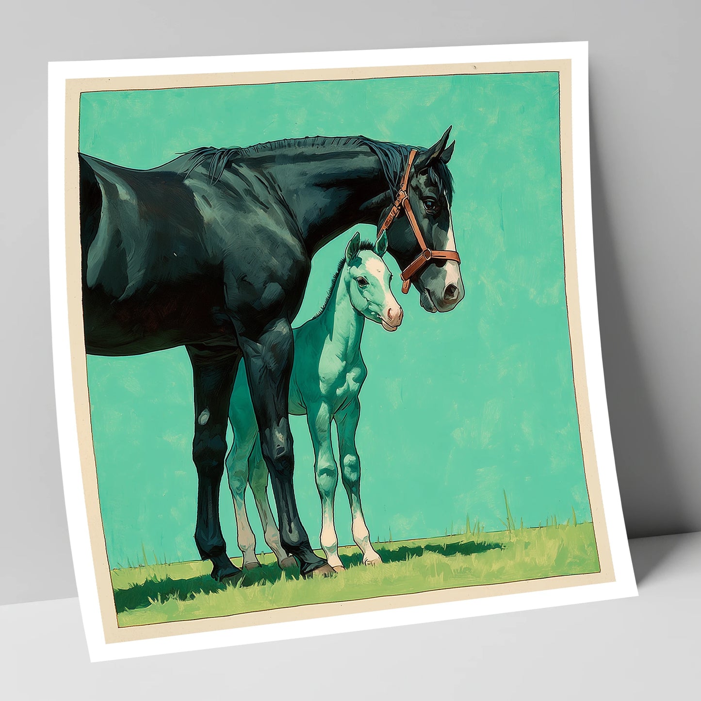 Bond in Vivid Teal mare & foal art print