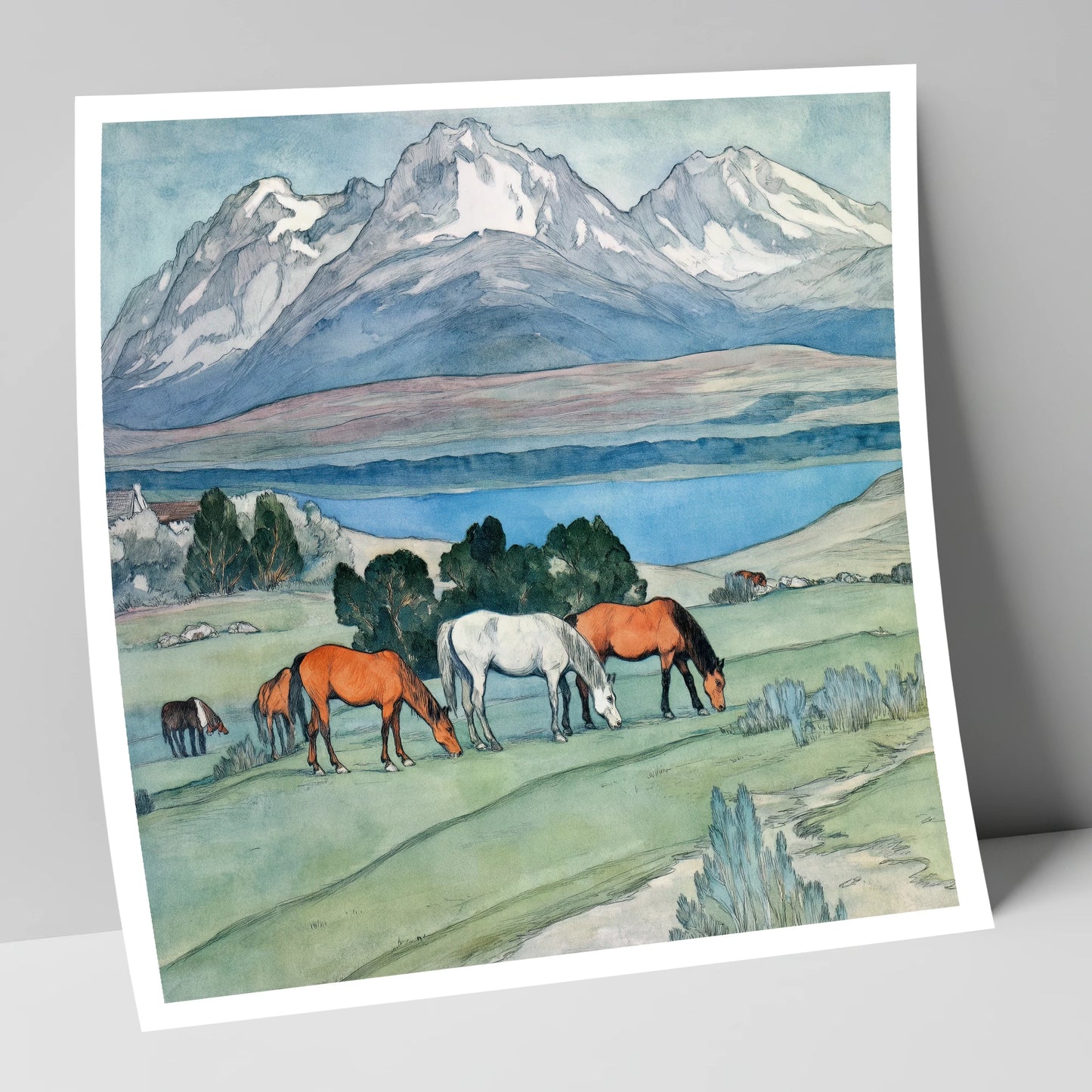 Alpine Lake Pastures horse landscape art print