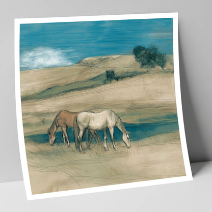 Grazing Beneath Teal Skies horse landscape art print