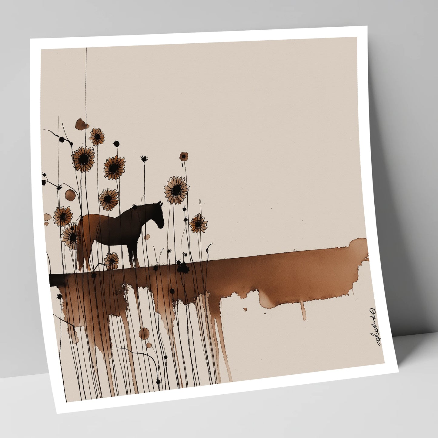 Sepia Sunflower Silhouette horse landscape art print