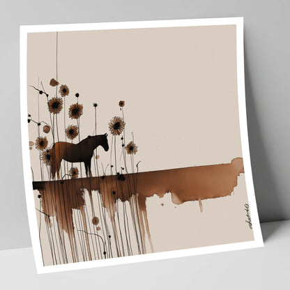 Sepia Sunflower Silhouette horse landscape art print