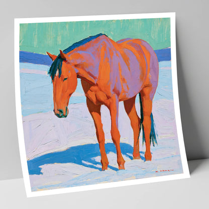 Vivid Chestnut Horse in Snow horse breed art print