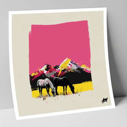 Vibrant Mountain Pastures horse landscape art print