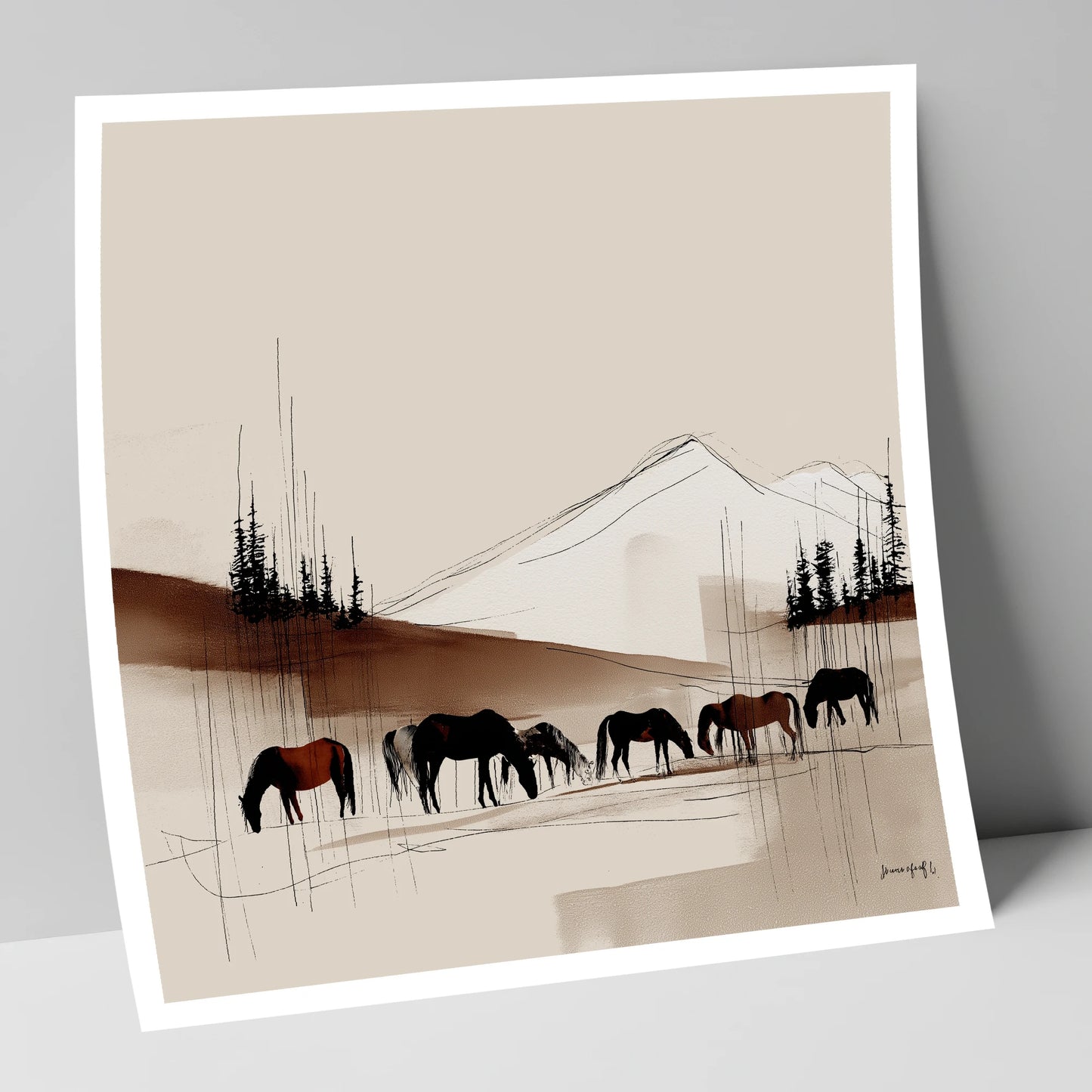 Tranquil Grazing Herd horse landscape art print