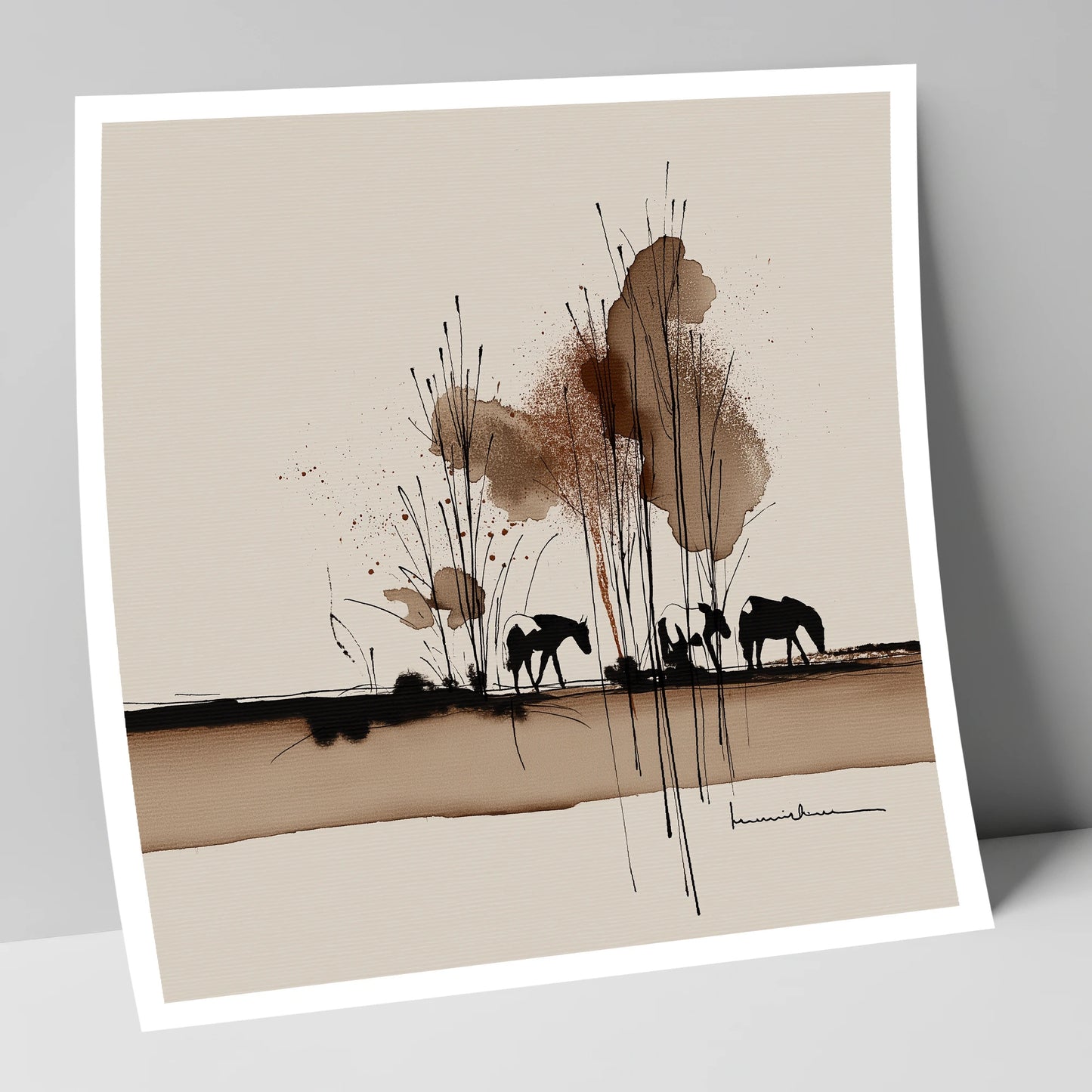 Grazing in Sepia Shadows horse landscape art print