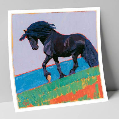 Black Friesian in Bold Landscape horse breed art print