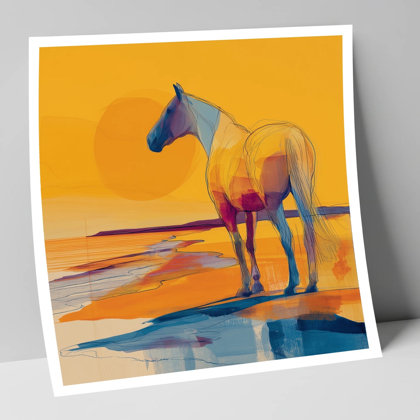 Golden Shoreline Silhouette horse landscape art print