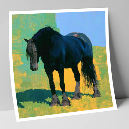 Black Horse Against Vibrant Yellow horse breed art print