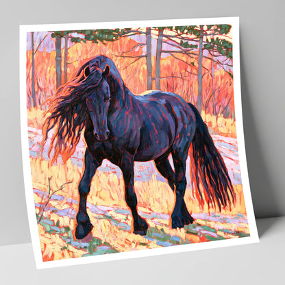 Vibrant Friesian in Sunset Woodland horse breed art print