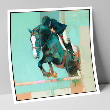 Suspended in Teal show jumping horse art print