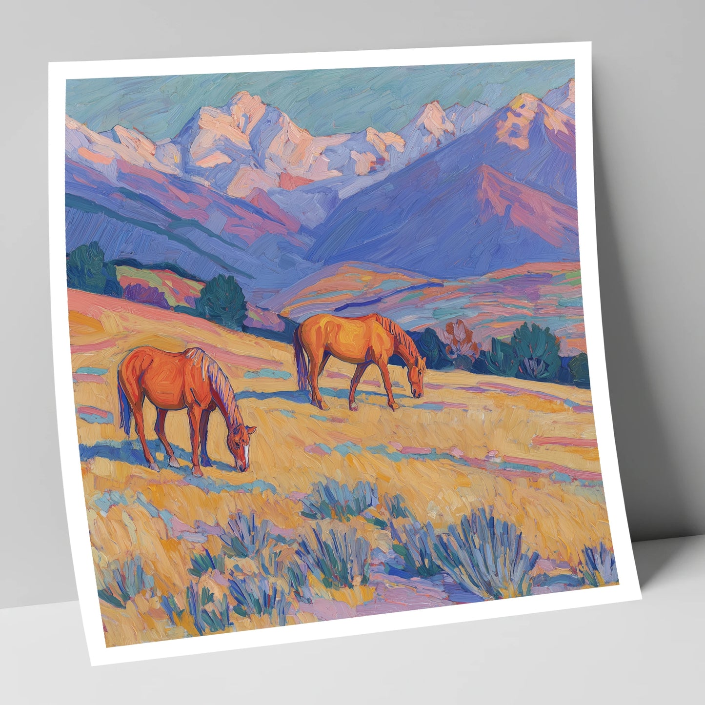 Grazing Beneath Violet Peaks horse landscape art print