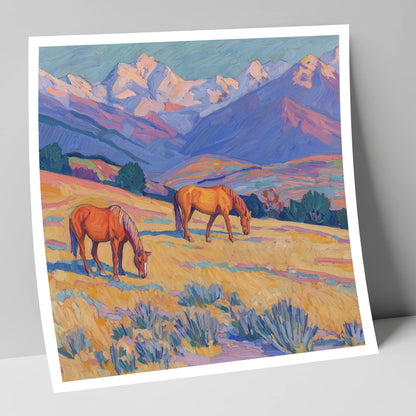 Grazing Beneath Violet Peaks horse landscape art print