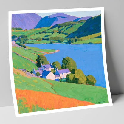 Vibrant Lakeside Valley horse landscape art print
