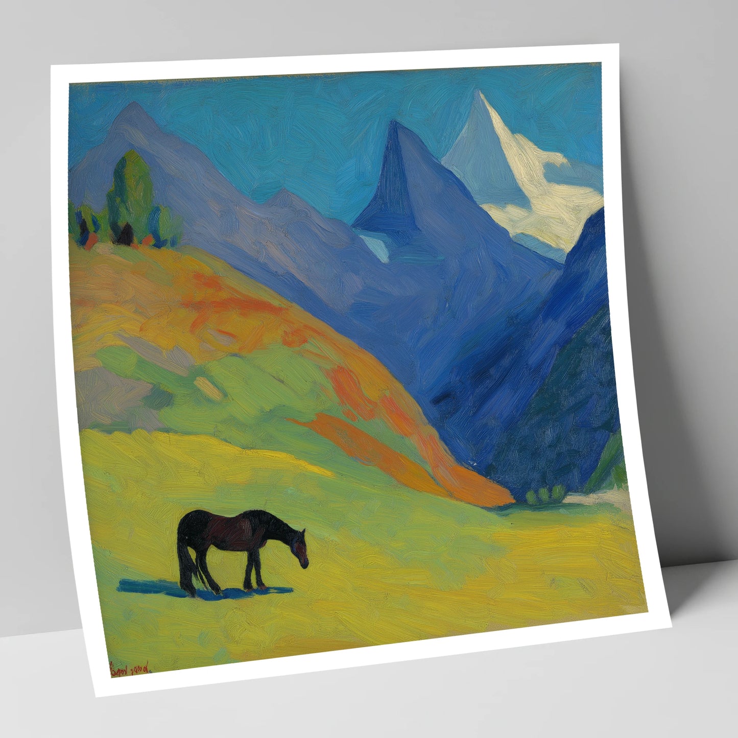 Vibrant Alpine Grazing horse landscape art print