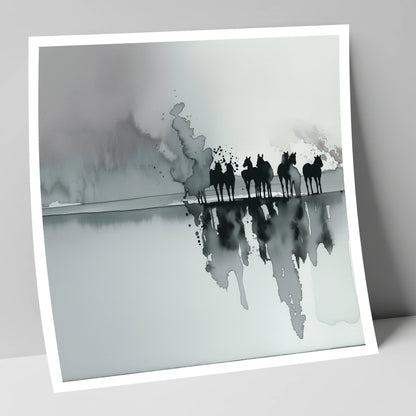 Monochrome Mist Herd wild horses art print