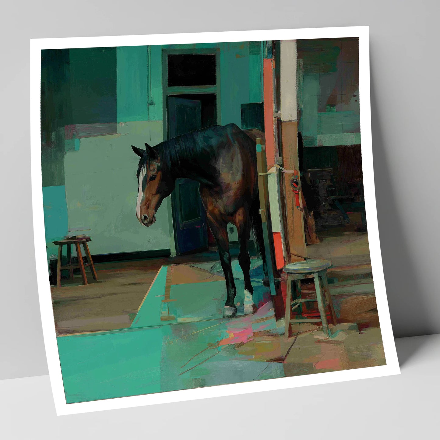 Quiet Yard in Teal horse stable art print