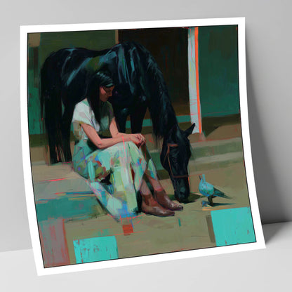 Stillness in the Yard horse & rider art print